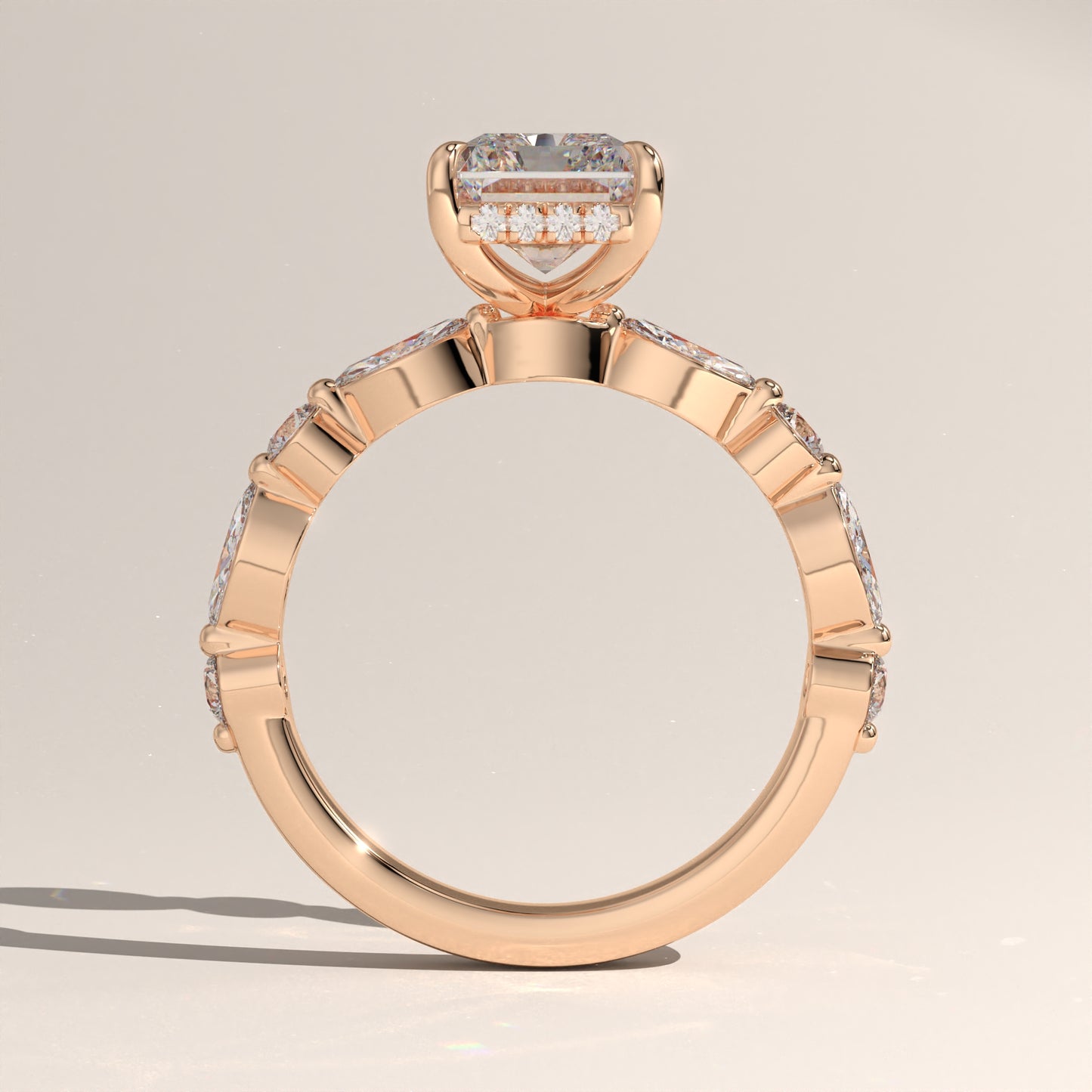 The Radiant Cut Hidden Halo with Marquise & Round Diamond Band Engagement Ring