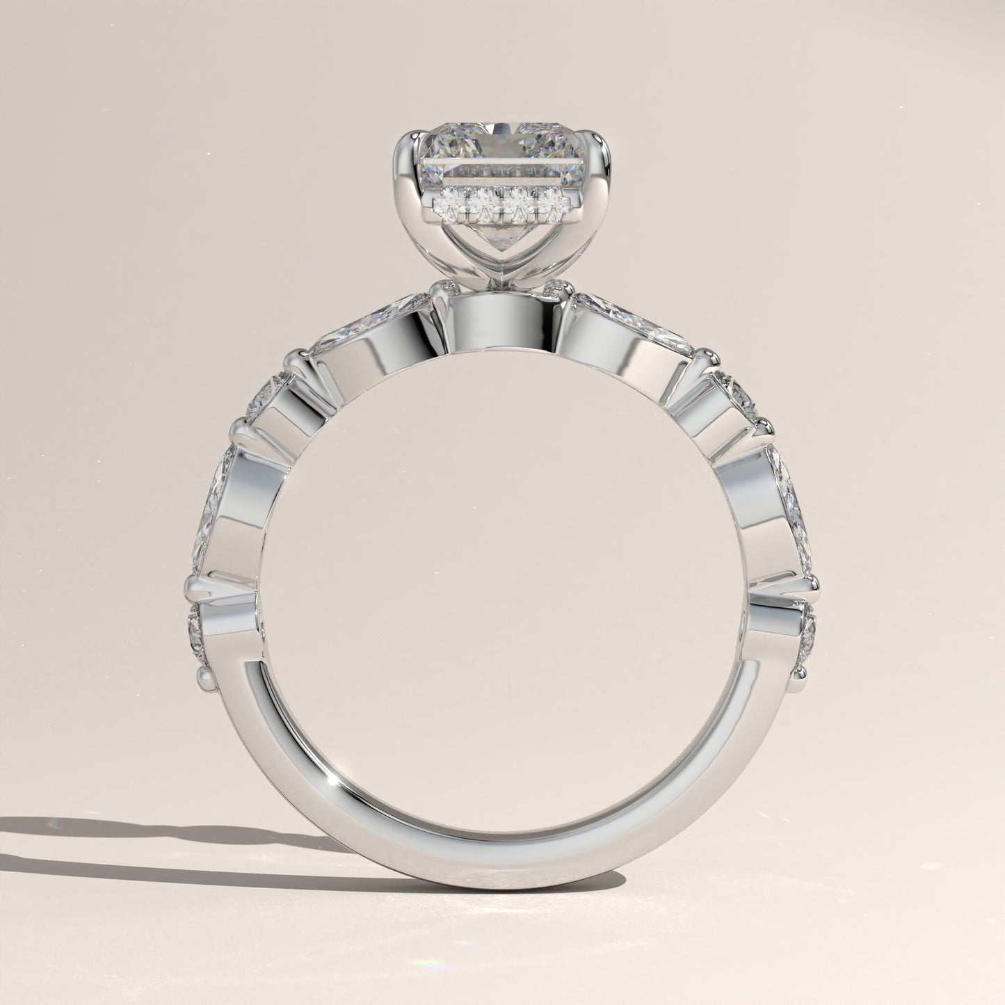 The Radiant Cut Hidden Halo with Marquise & Round Diamond Band Engagement Ring