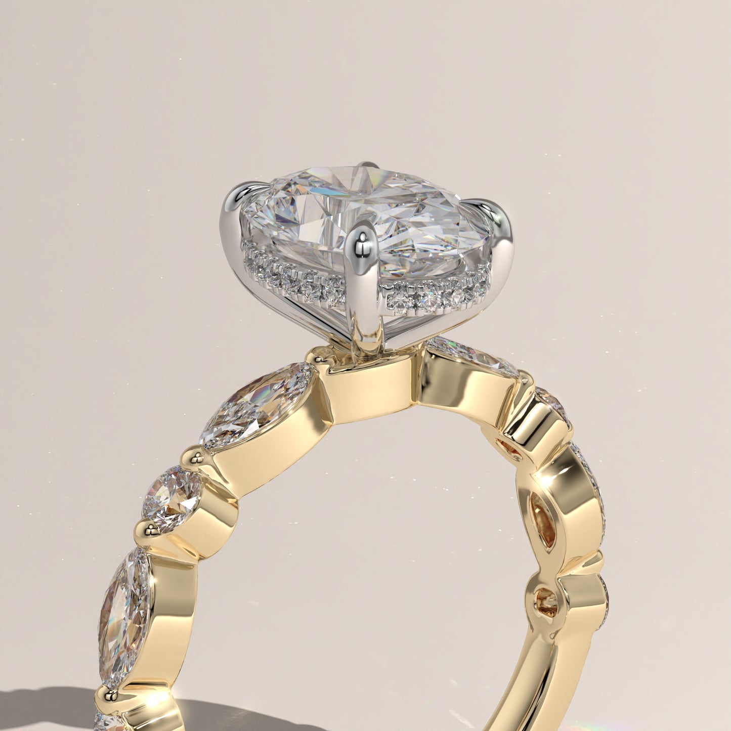 The Oval Cut Hidden Halo with Marquise & Round Diamond Band Engagement Ring