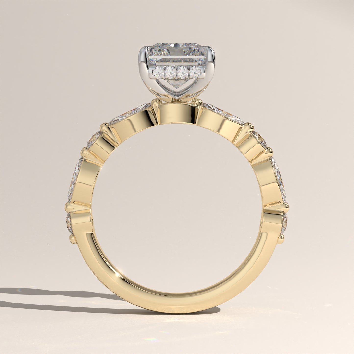 The Radiant Cut Hidden Halo with Marquise & Round Diamond Band Engagement Ring