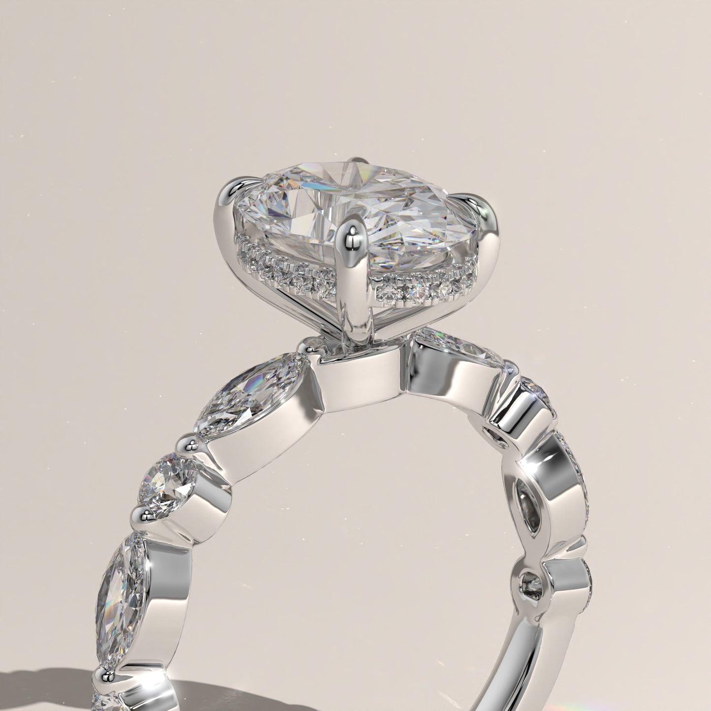 The Oval Cut Hidden Halo with Marquise & Round Diamond Band Engagement Ring