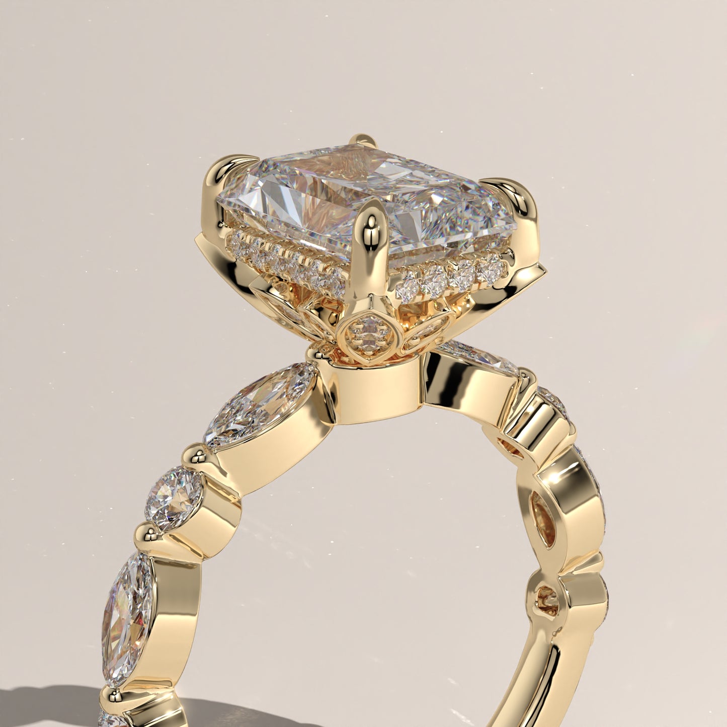 The Petal Prong Floating Band Radiant Engagement Ring