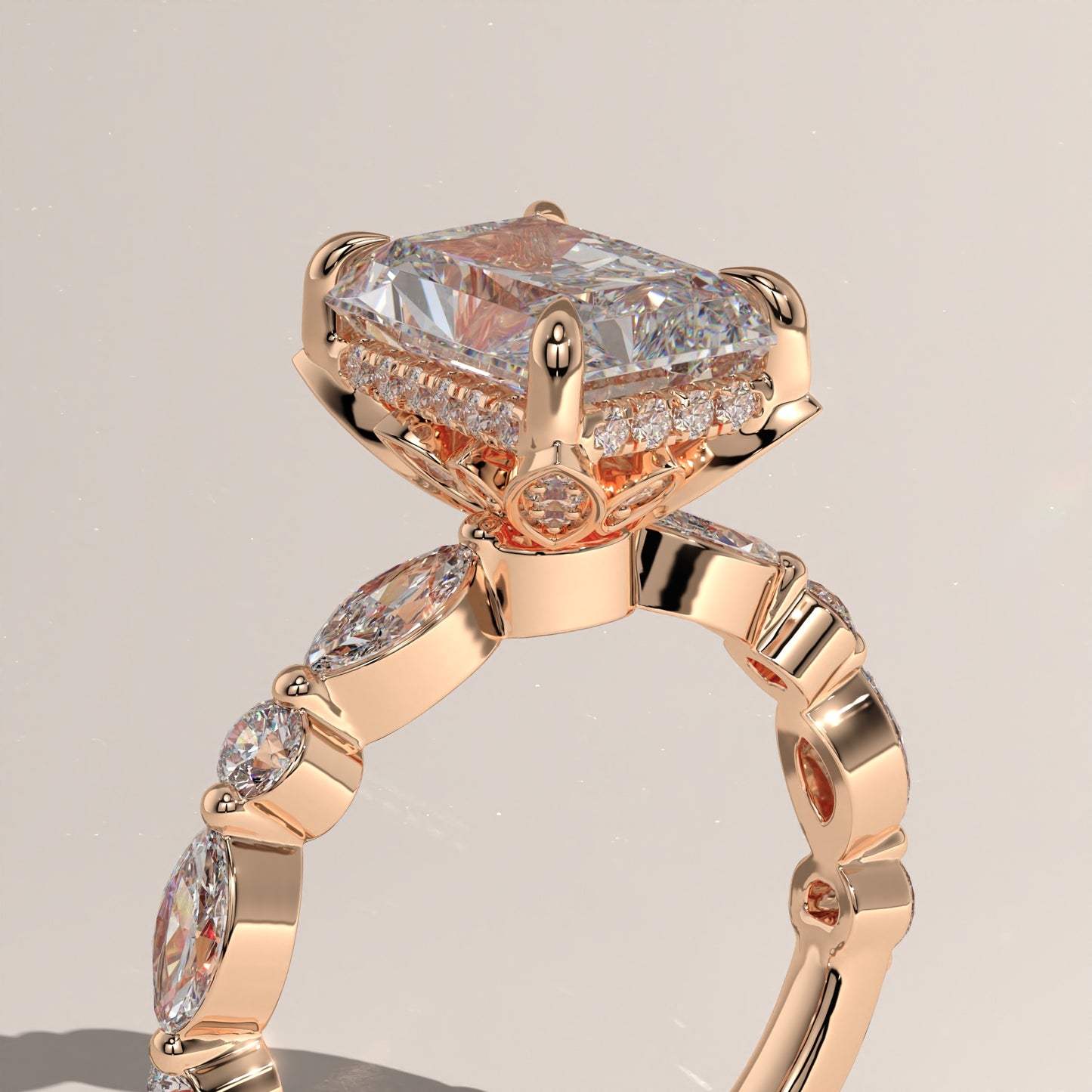 The Petal Prong Floating Band Radiant Engagement Ring