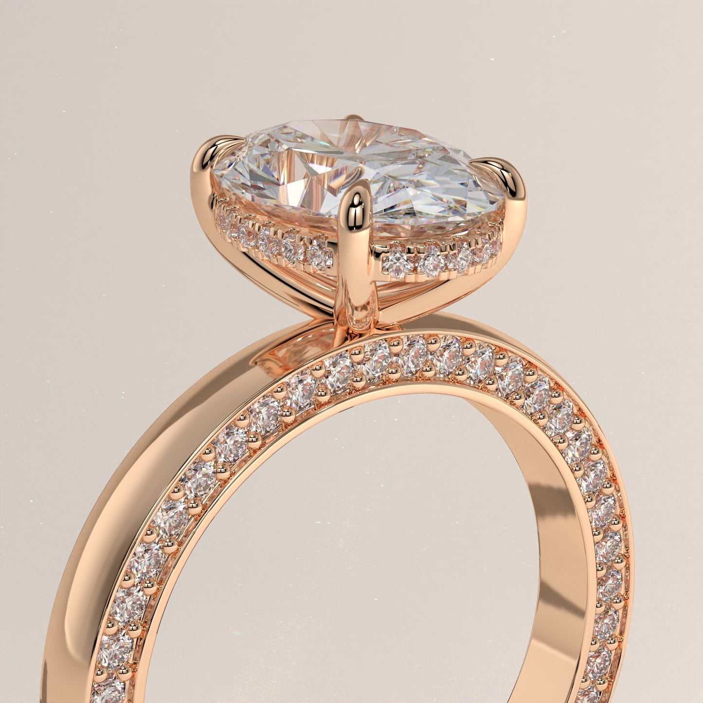 The Solitaire Cigar Pavé Band Oval Engagement Ring
