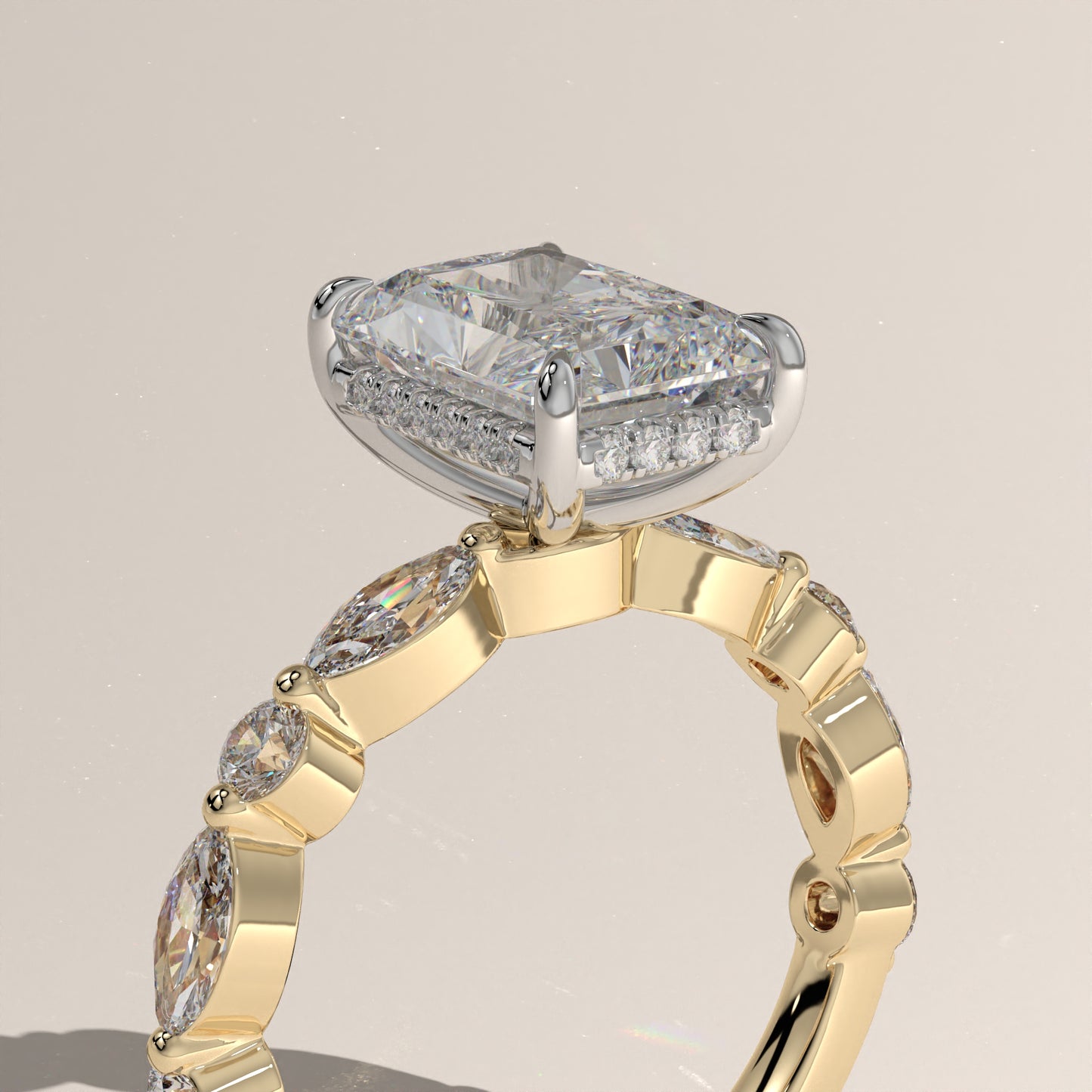 The Radiant Cut Hidden Halo with Marquise & Round Diamond Band Engagement Ring