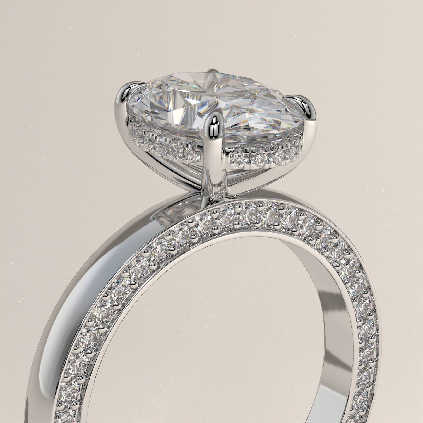 The Solitaire Cigar Pavé Band Oval Engagement Ring