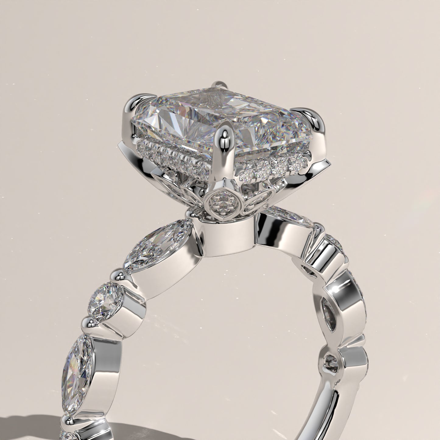The Petal Prong Floating Band Radiant Engagement Ring