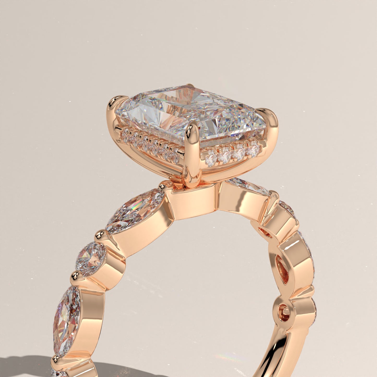 The Radiant Cut Hidden Halo with Marquise & Round Diamond Band Engagement Ring