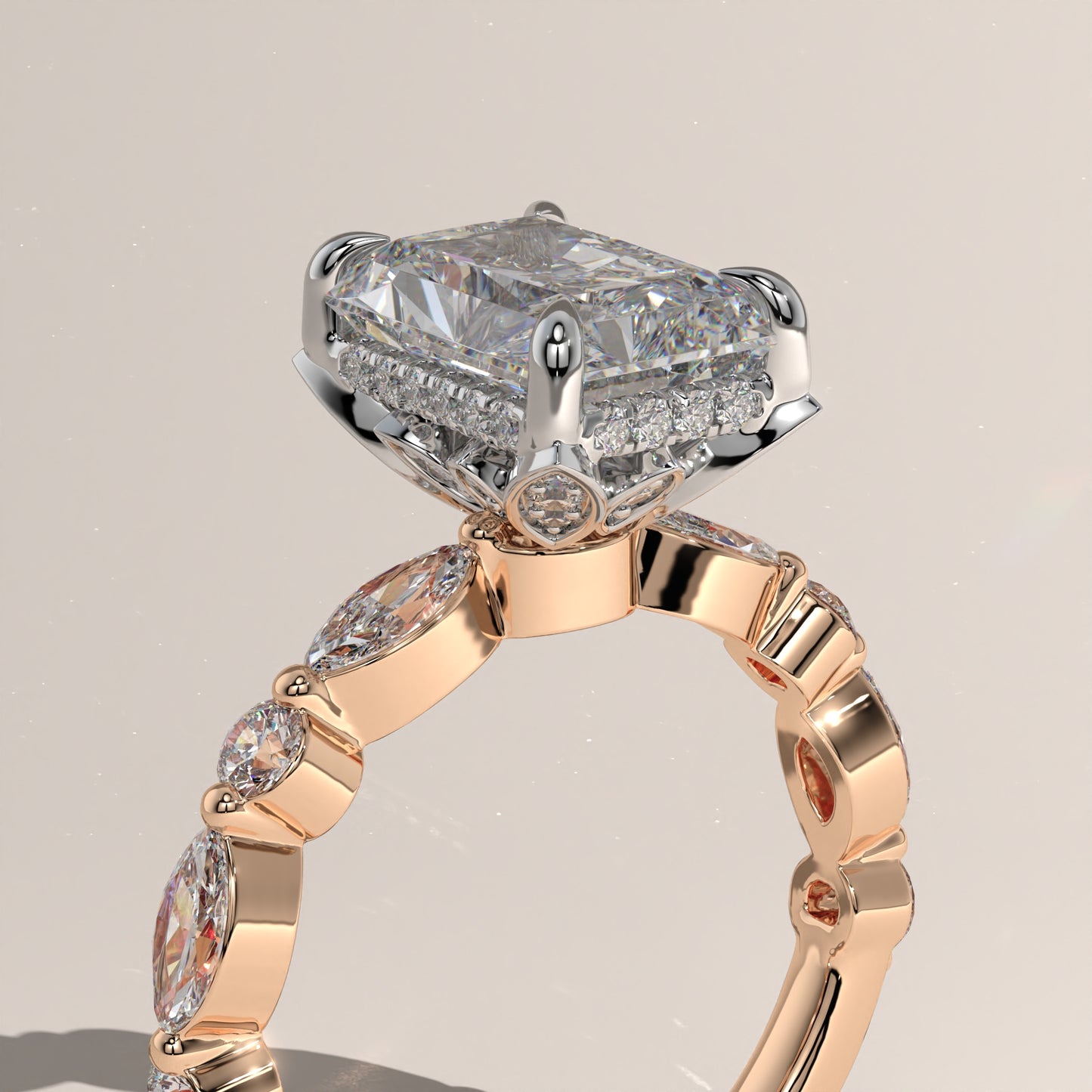 The Petal Prong Floating Band Radiant Engagement Ring