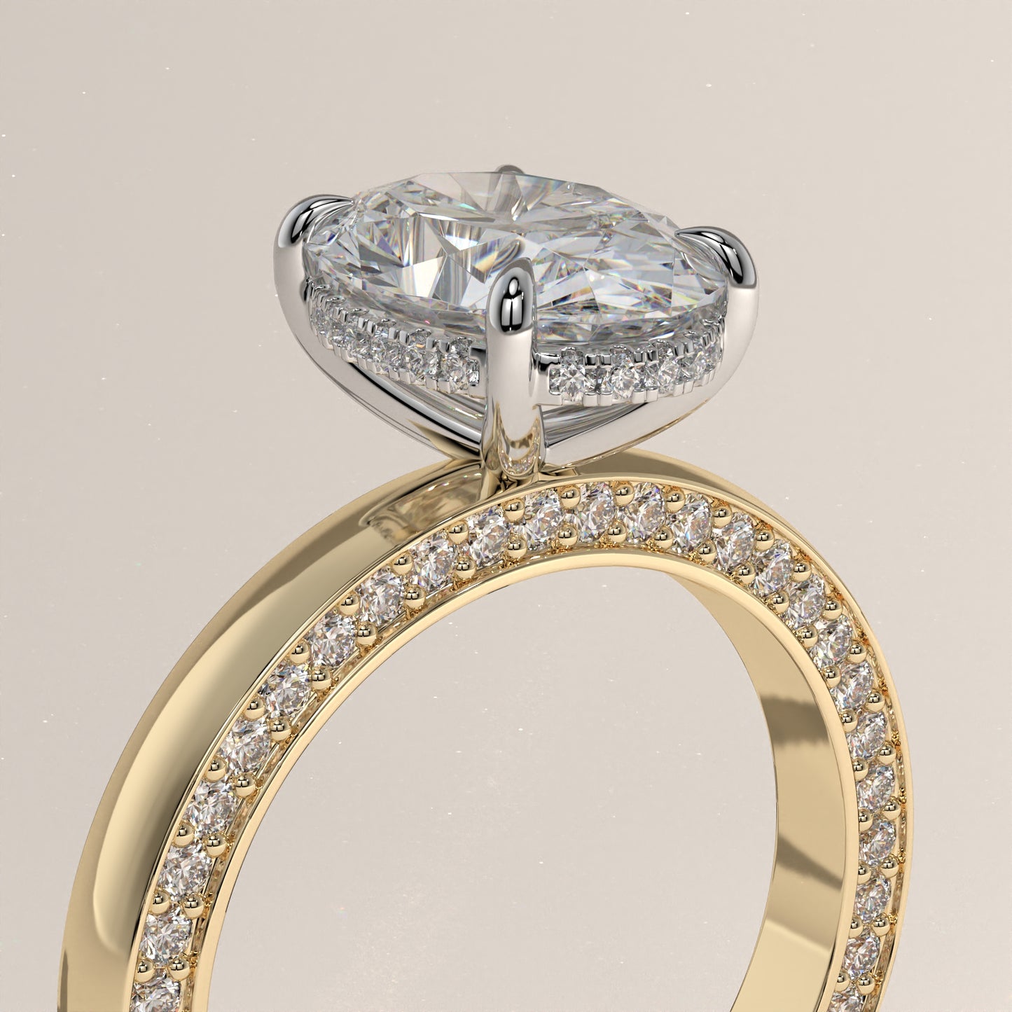 The Solitaire Cigar Pavé Band Oval Engagement Ring
