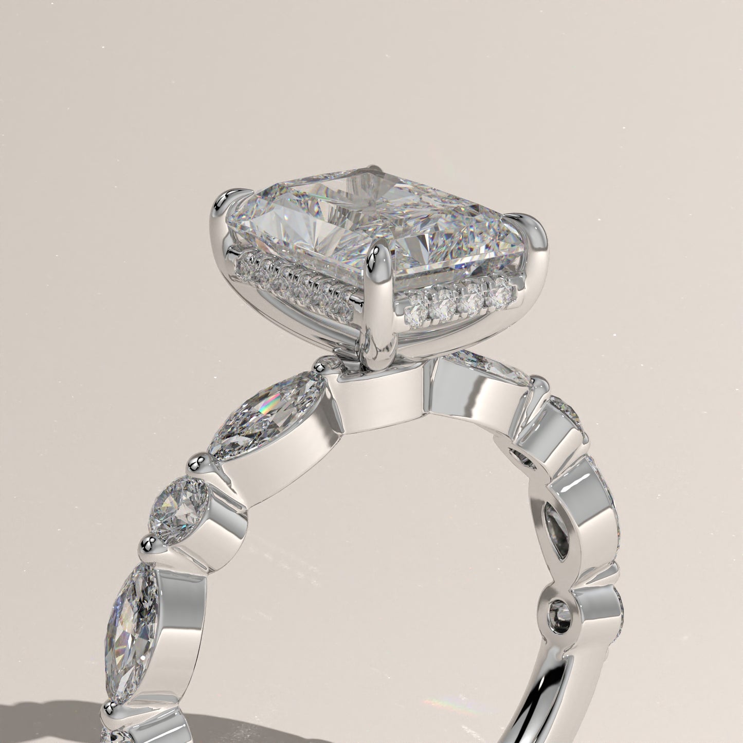 The Radiant Cut Hidden Halo with Marquise & Round Diamond Band Engagement Ring