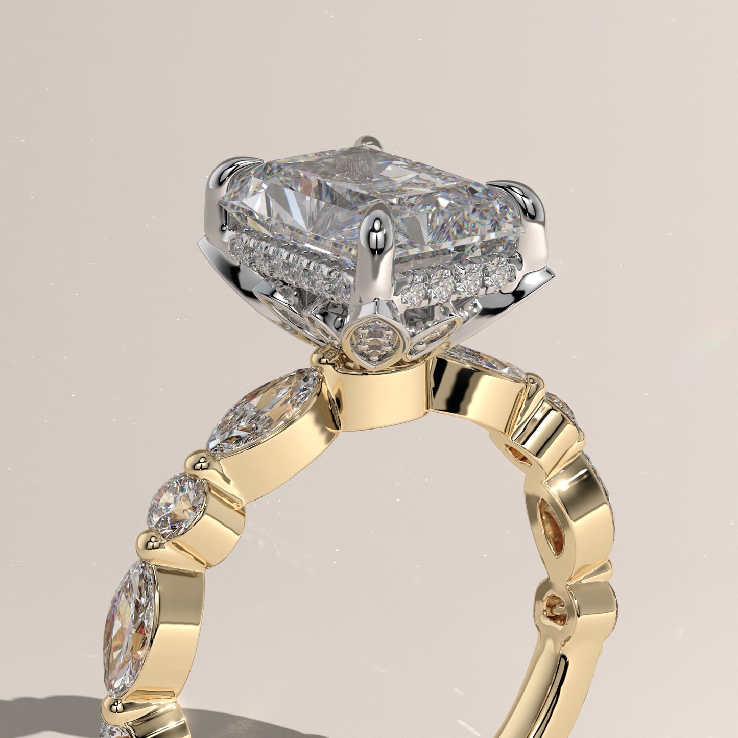 The Petal Prong Floating Band Radiant Engagement Ring