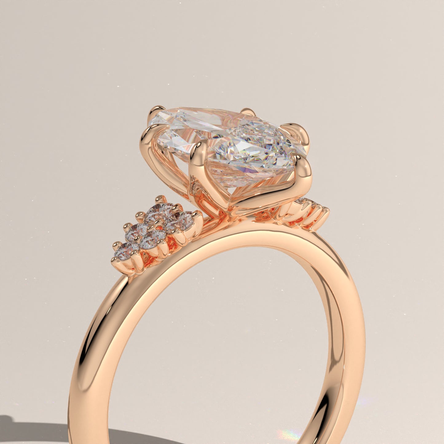 The Oval Claw Solitaire with Clustered Round Shoulder Stones Engagement Ring