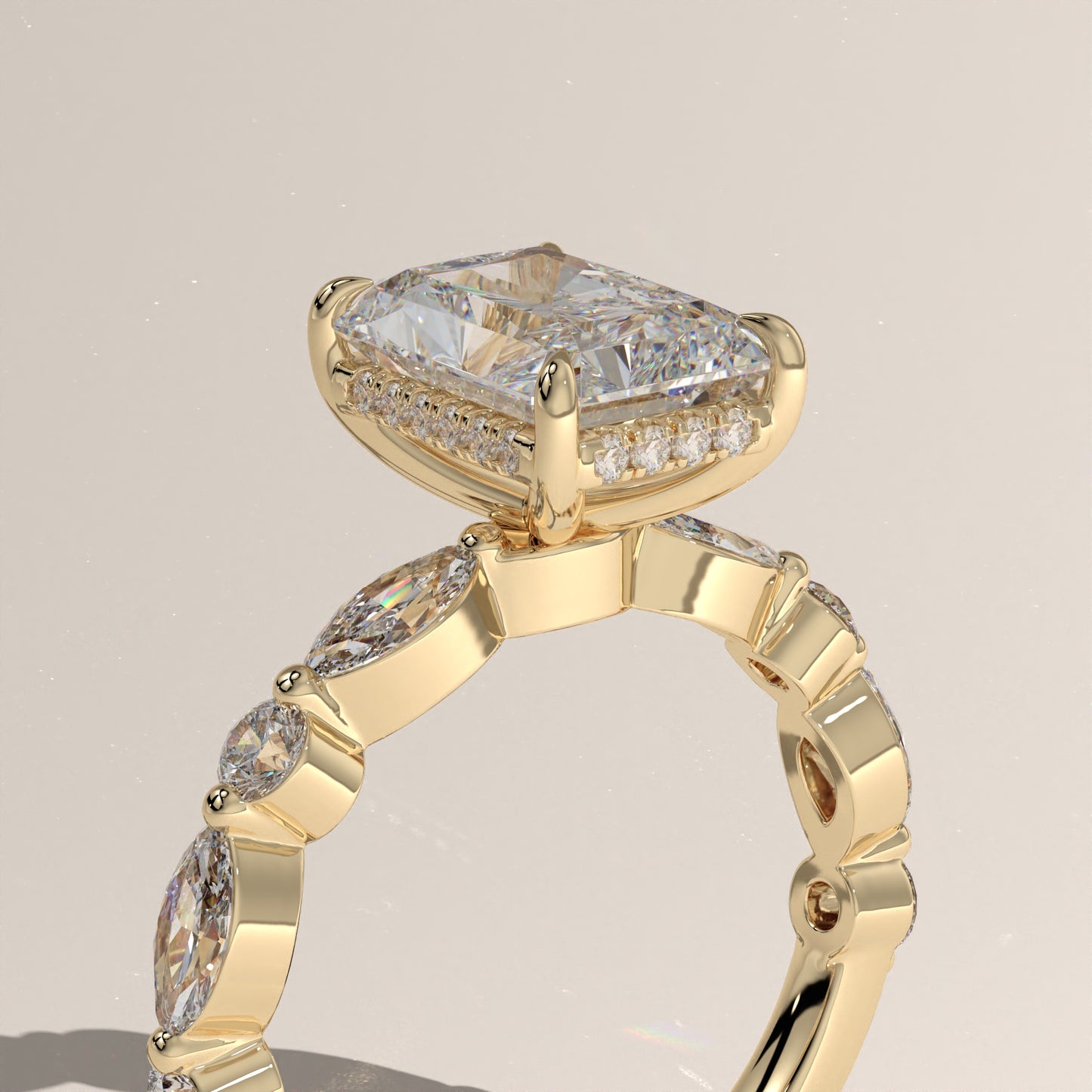 The Radiant Cut Hidden Halo with Marquise & Round Diamond Band Engagement Ring