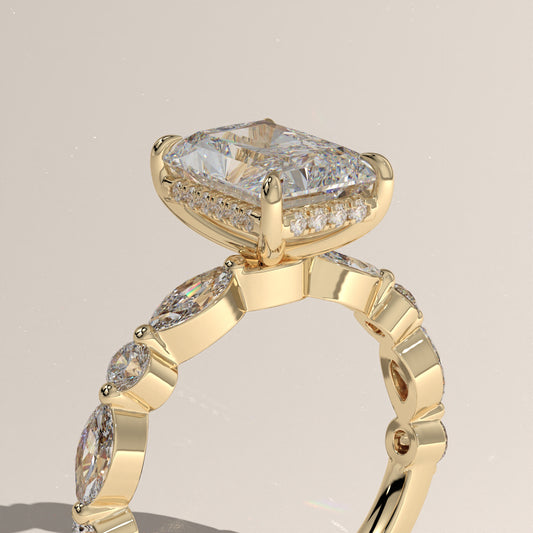 The Radiant Cut Hidden Halo with Marquise & Round Diamond Band Engagement Ring