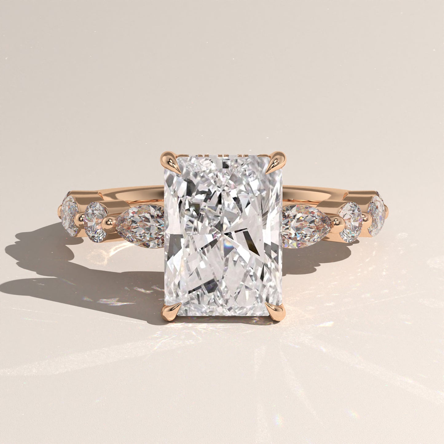 The Radiant Cut Hidden Halo with Marquise & Round Diamond Band Engagement Ring