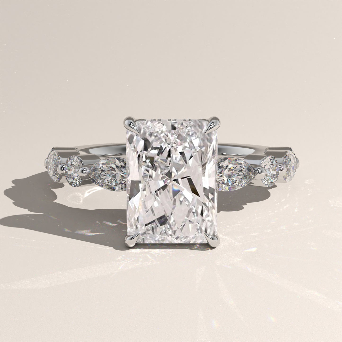 The Radiant Cut Hidden Halo with Marquise & Round Diamond Band Engagement Ring