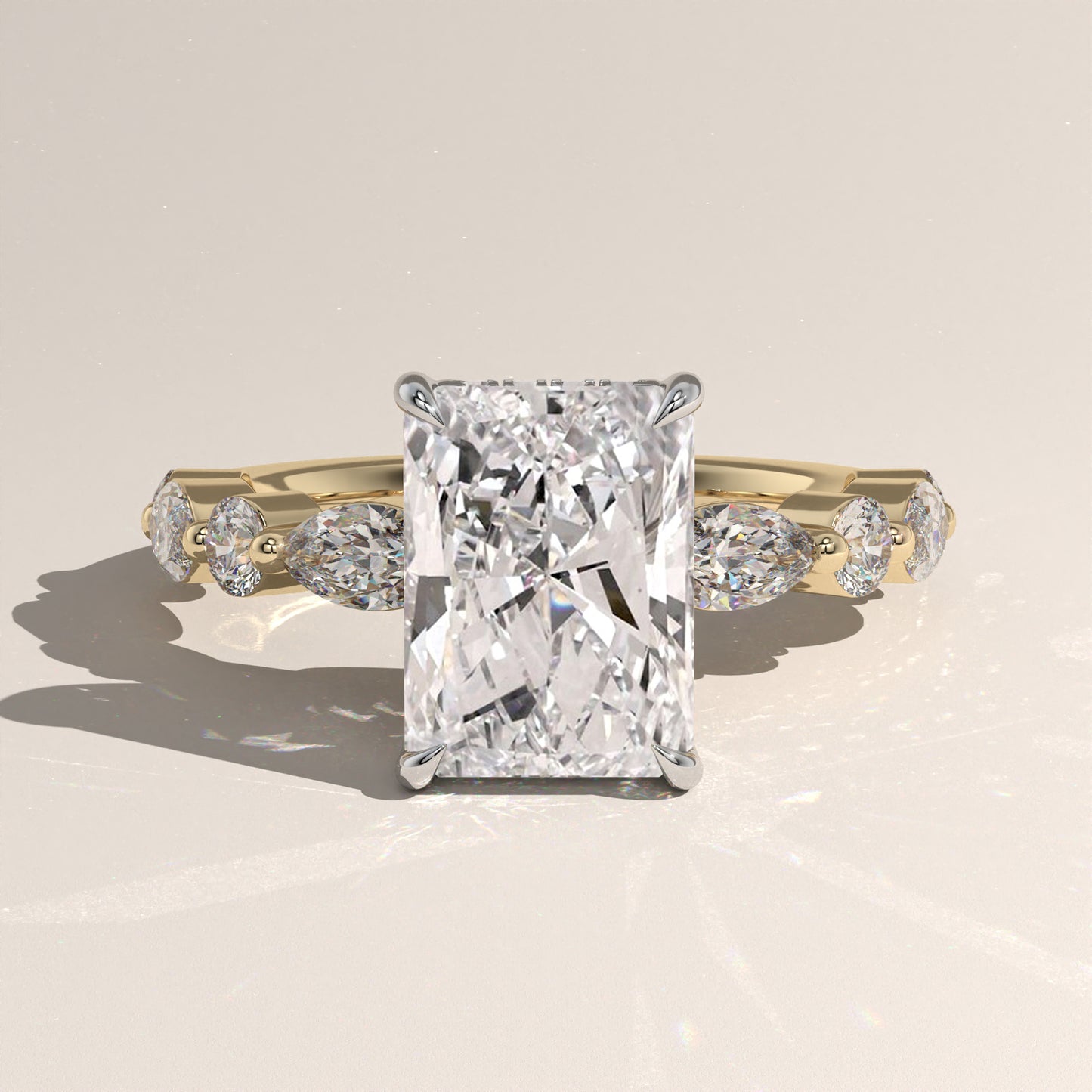The Radiant Cut Hidden Halo with Marquise & Round Diamond Band Engagement Ring