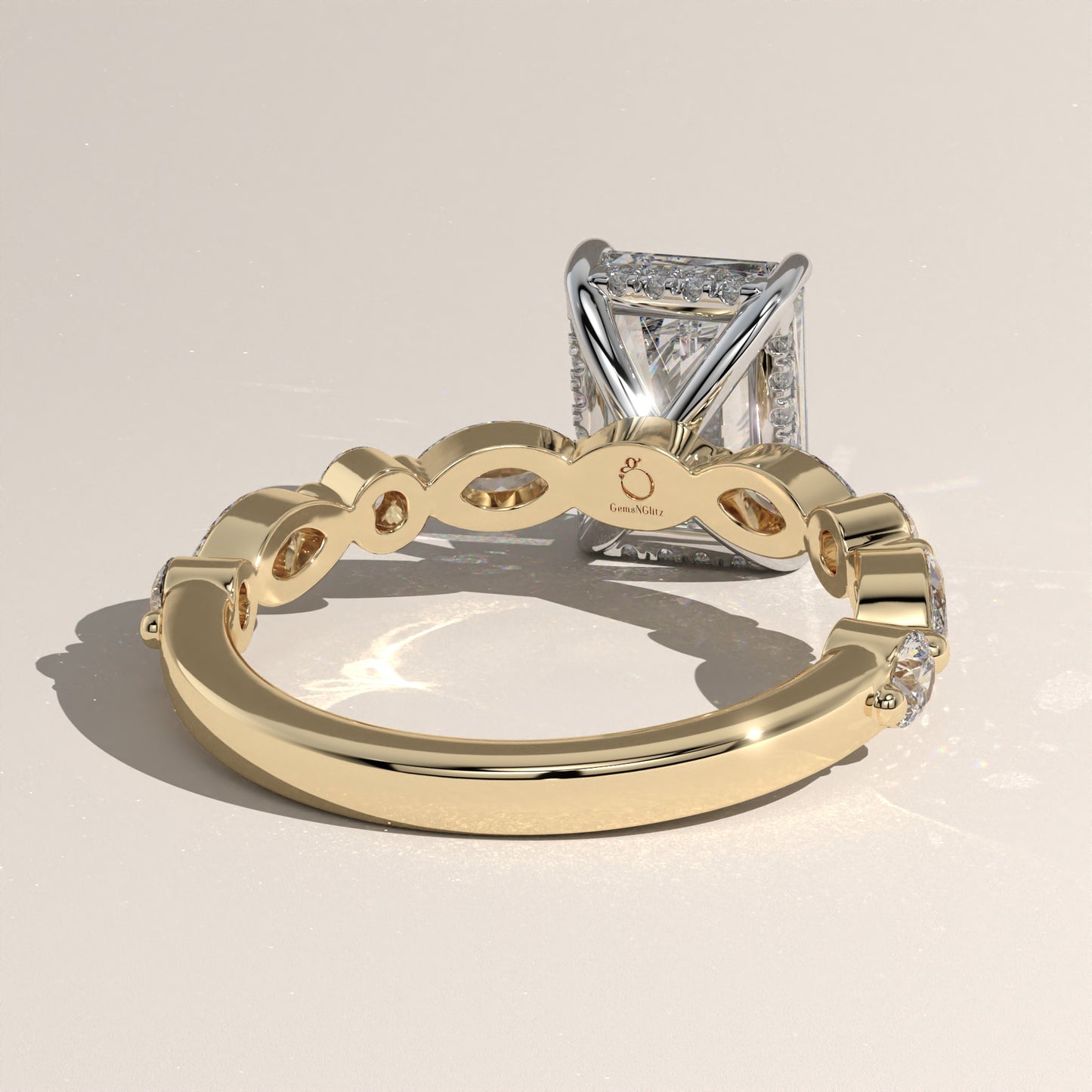The Radiant Cut Hidden Halo with Marquise & Round Diamond Band Engagement Ring