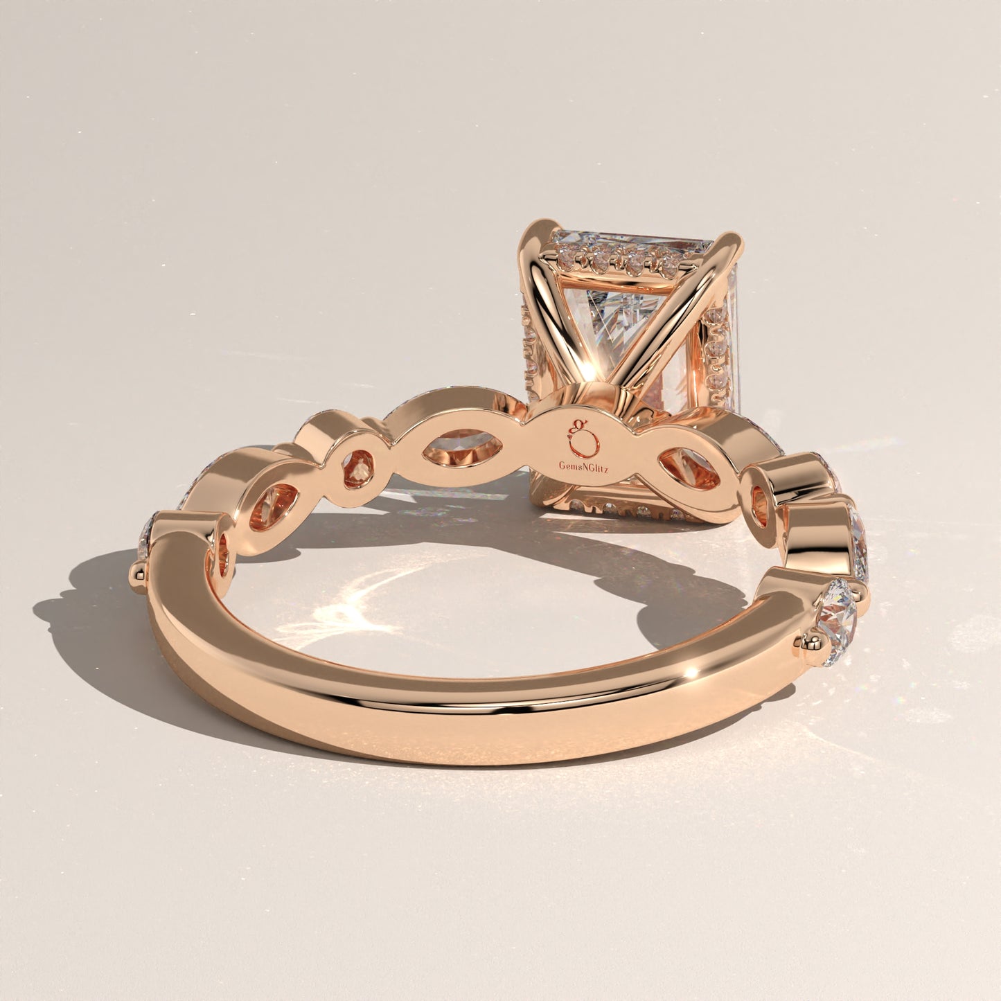 The Radiant Cut Hidden Halo with Marquise & Round Diamond Band Engagement Ring