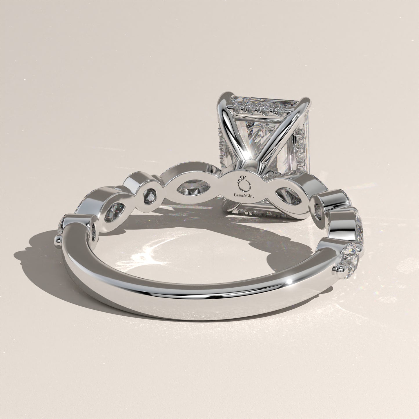 The Radiant Cut Hidden Halo with Marquise & Round Diamond Band Engagement Ring